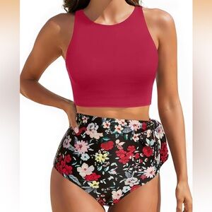 NWT Aqua Eve Women High Waisted Bikini Set Racerback Red Top Floral Bottom Large